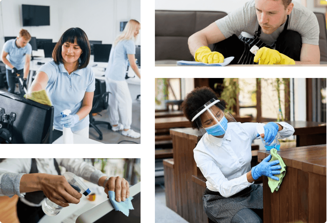 Group of people actively cleaning