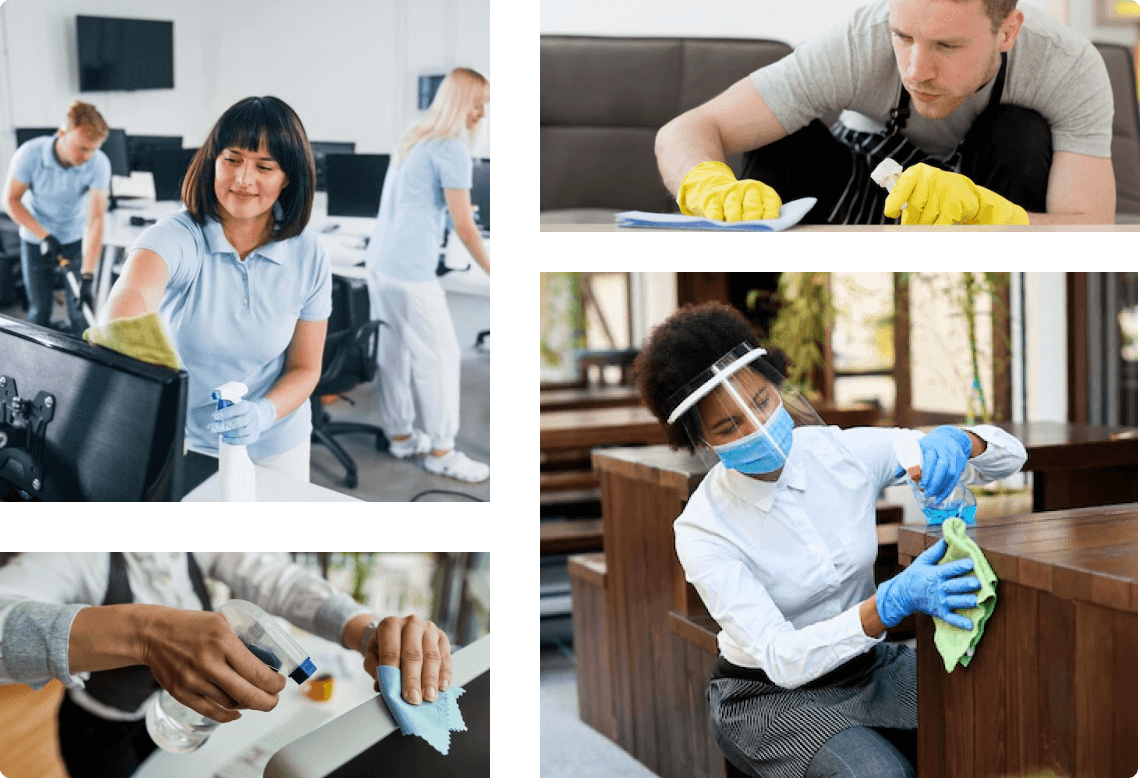 Group of people actively cleaning